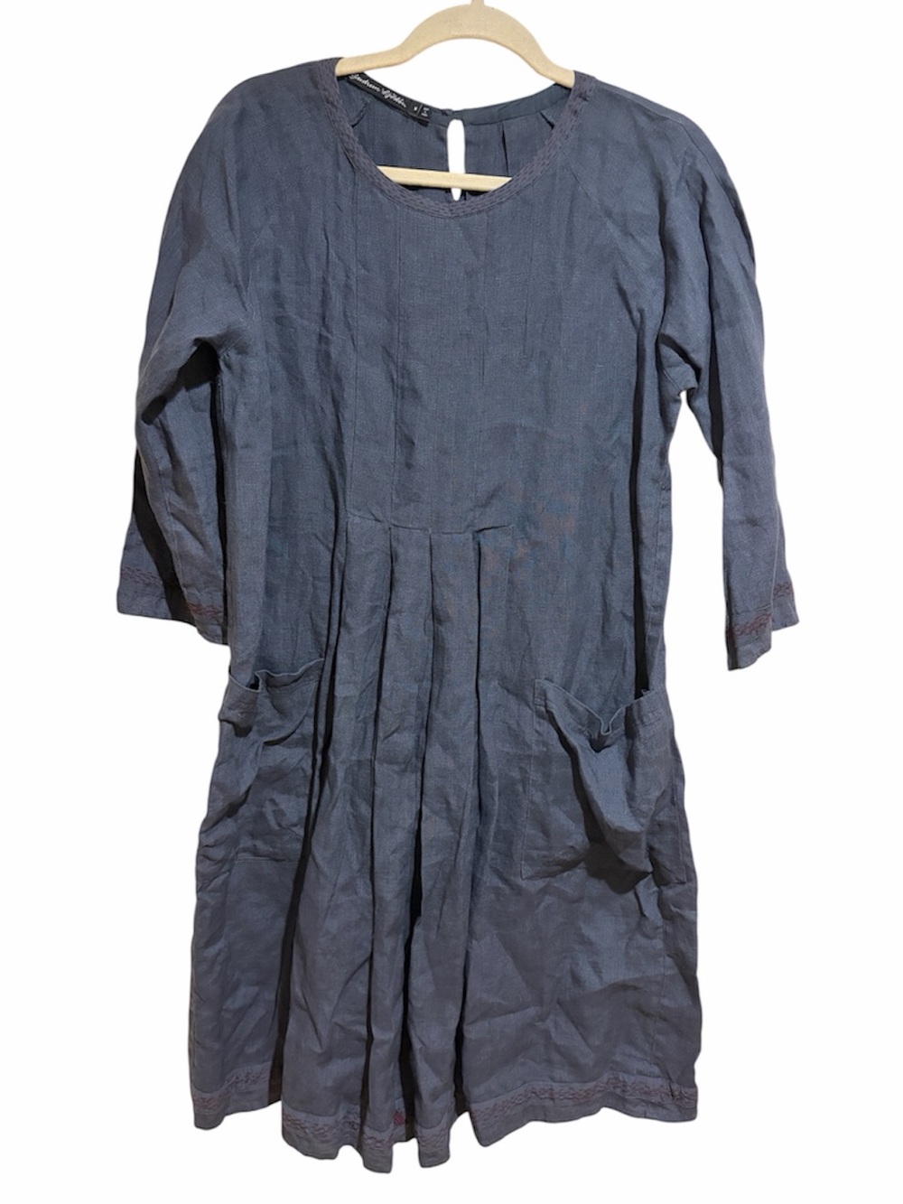 Gudrun Sjoden 100% Linen Navy Blue Embroidered Dress Pockets Lagenlook Medium
